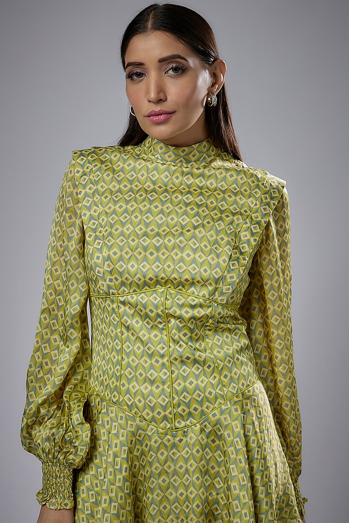 Green Cupro Satin Printed Vacation Dress by Sulakshana Monga at Pernia's Pop Up Shop
