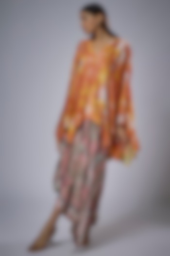 Orange Cupro Satin Printed Skirt Set by Sulakshana Monga