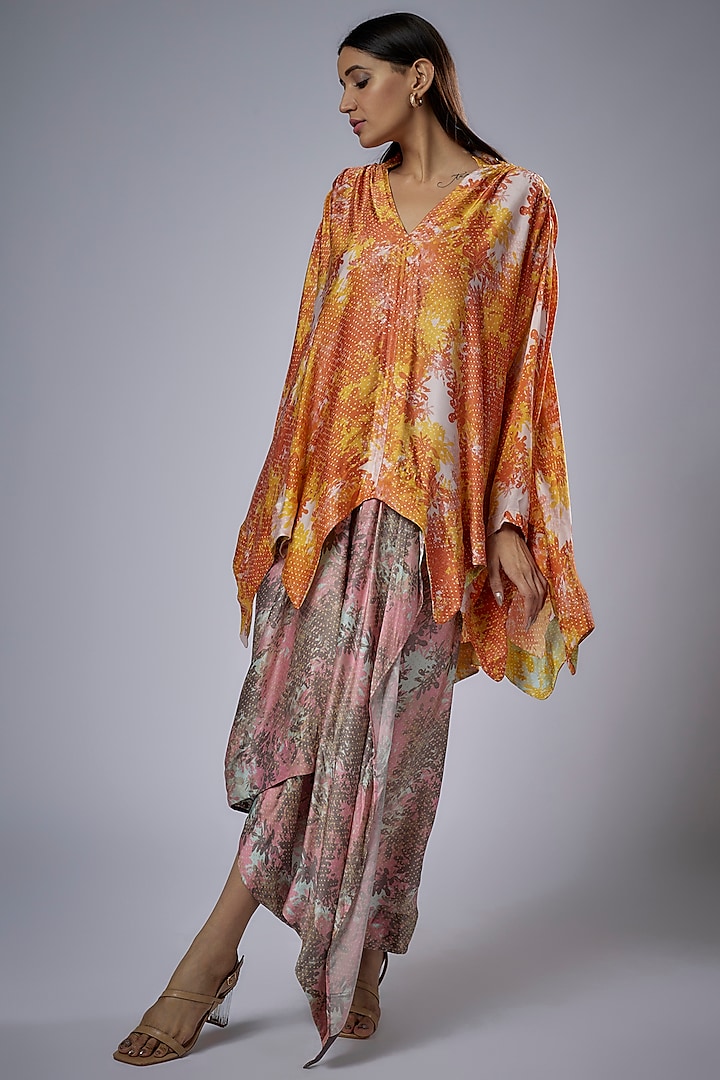 Orange Cupro Satin Printed Skirt Set by Sulakshana Monga
