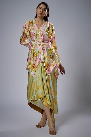 Green Cupro Satin Printed Skirt Set by Sulakshana Monga