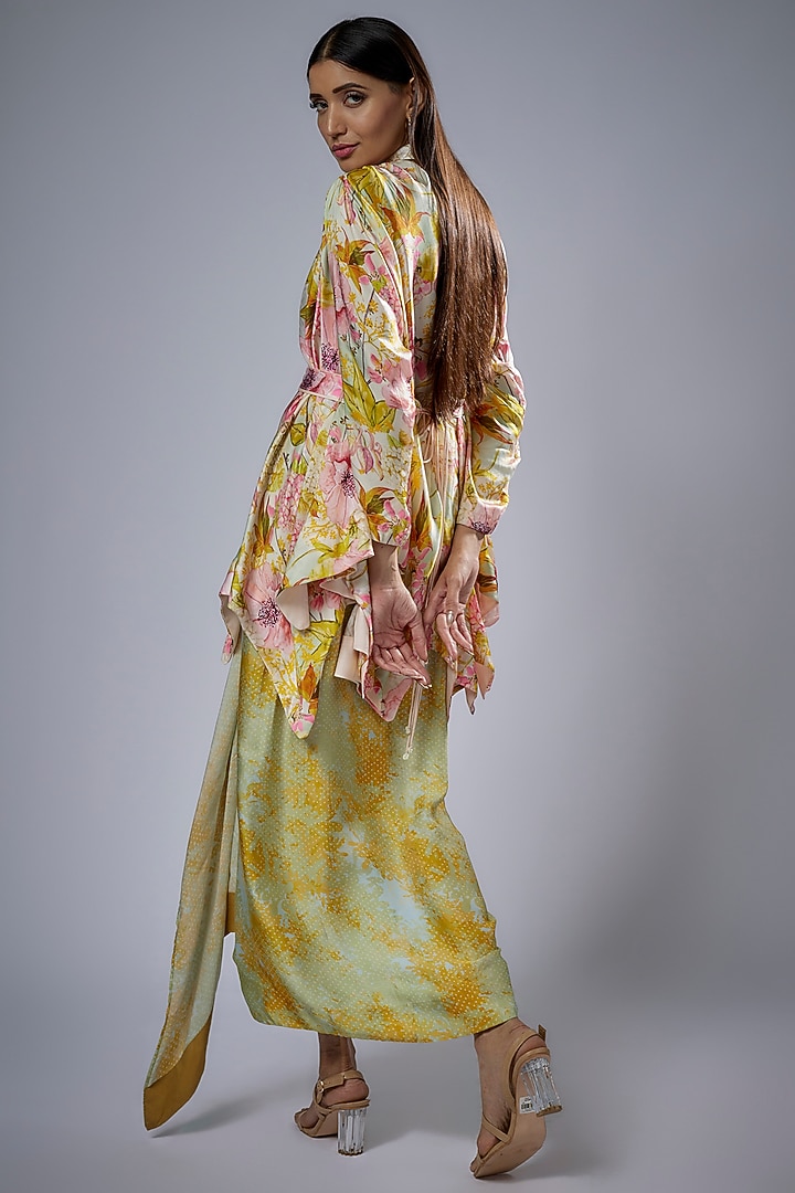 Green Cupro Satin Printed Skirt Set by Sulakshana Monga at Pernia's Pop Up Shop