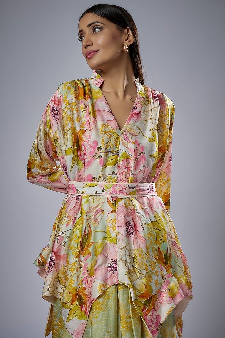 Green Cupro Satin Printed Skirt Set by Sulakshana Monga at Pernia's Pop Up Shop