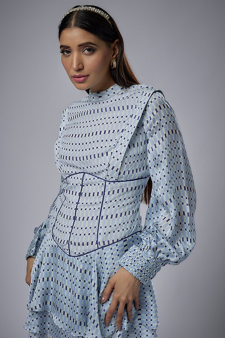 Blue Cupro Satin Printed Vacation Dress by Sulakshana Monga at Pernia's Pop Up Shop