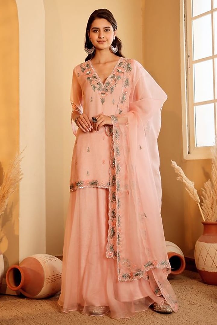 Pink Organza Hand Embroidered Wedding Sharara Set by Sonali Methi at Pernia's Pop Up Shop