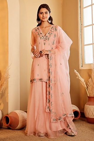 Pink Organza Hand Embroidered Sharara Set by Sonali Methi