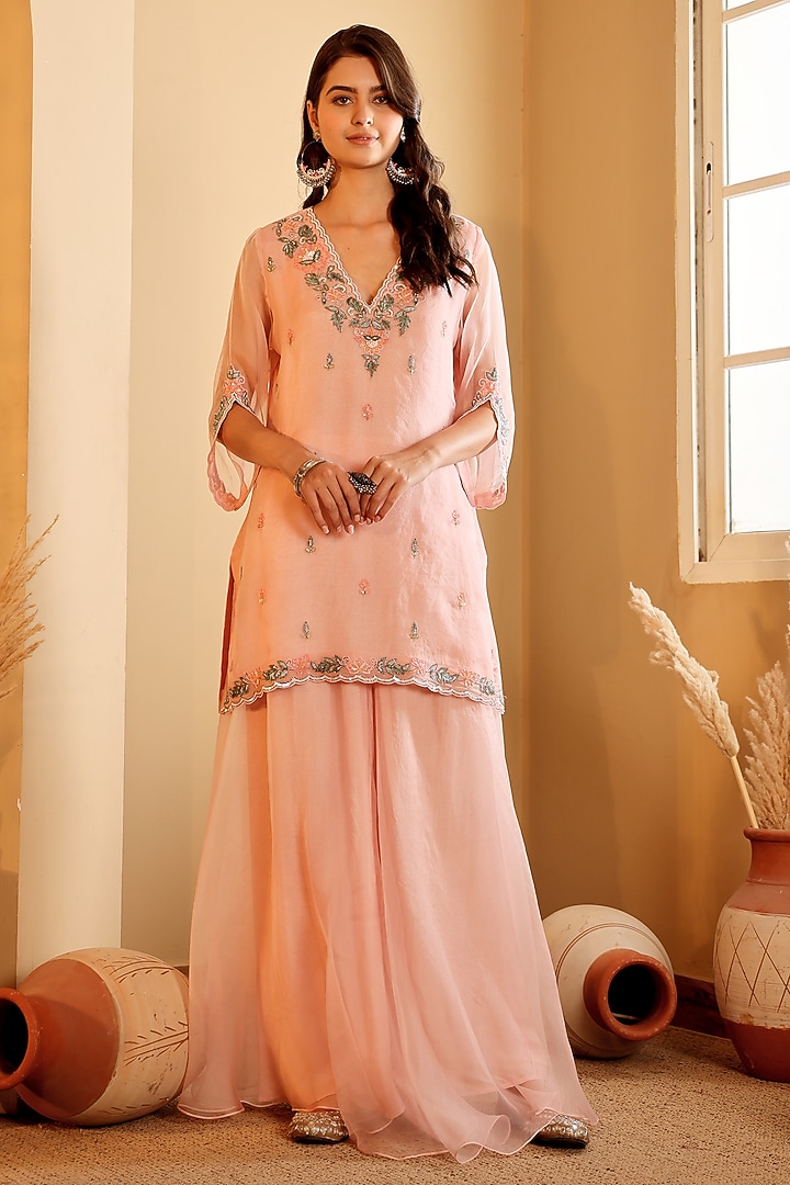 Pink Organza Hand Embroidered Wedding Sharara Set by Sonali Methi at Pernia's Pop Up Shop