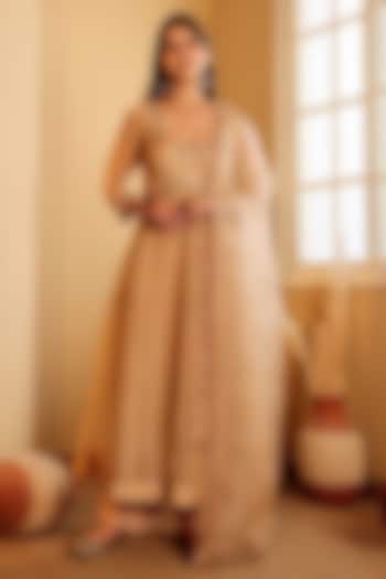 Golden Yellow Organza Pearl Embroidered Wedding Anarkali Set by Sonali Methi at Pernia's Pop Up Shop