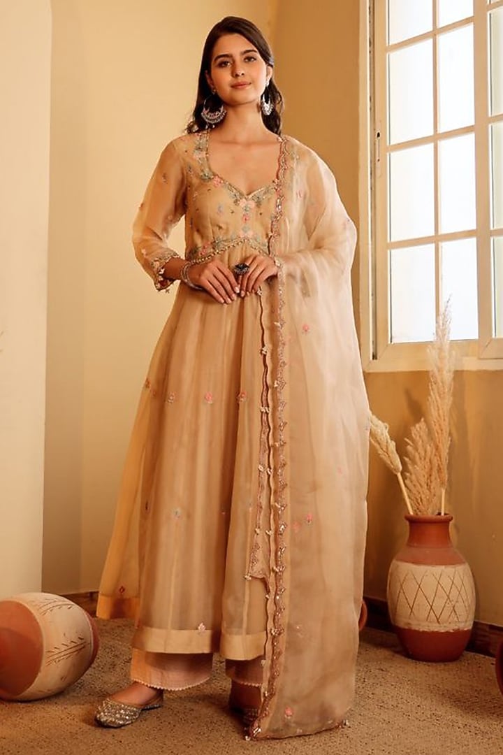 Golden Yellow Organza Pearl Embroidered Wedding Anarkali Set by Sonali Methi at Pernia's Pop Up Shop