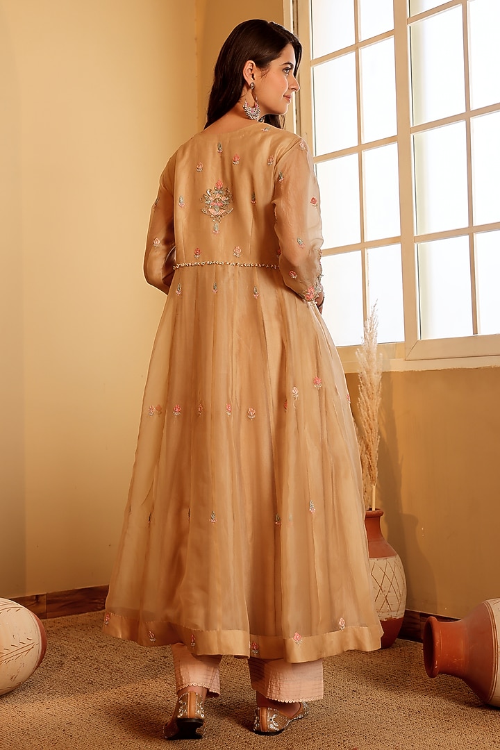 Golden Yellow Organza Pearl Embroidered Wedding Anarkali Set by Sonali Methi at Pernia's Pop Up Shop