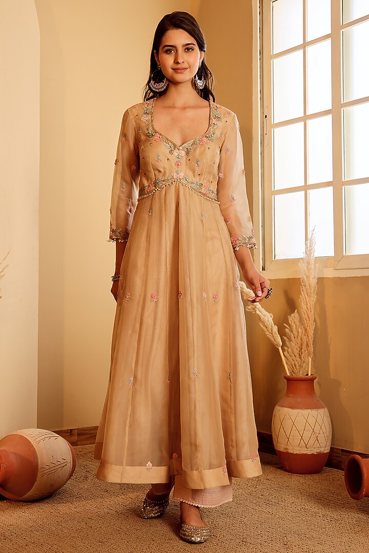 Golden Yellow Organza Pearl Embroidered Wedding Anarkali Set by Sonali Methi at Pernia's Pop Up Shop