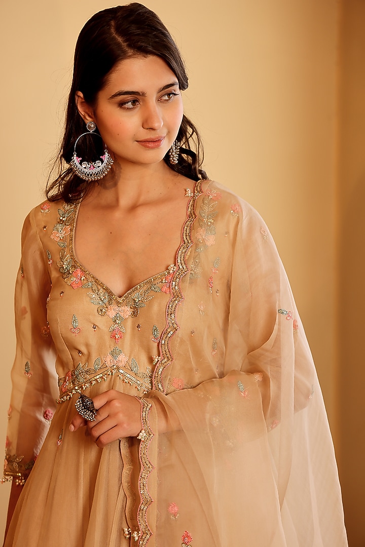 Golden Yellow Organza Pearl Embroidered Wedding Anarkali Set by Sonali Methi at Pernia's Pop Up Shop