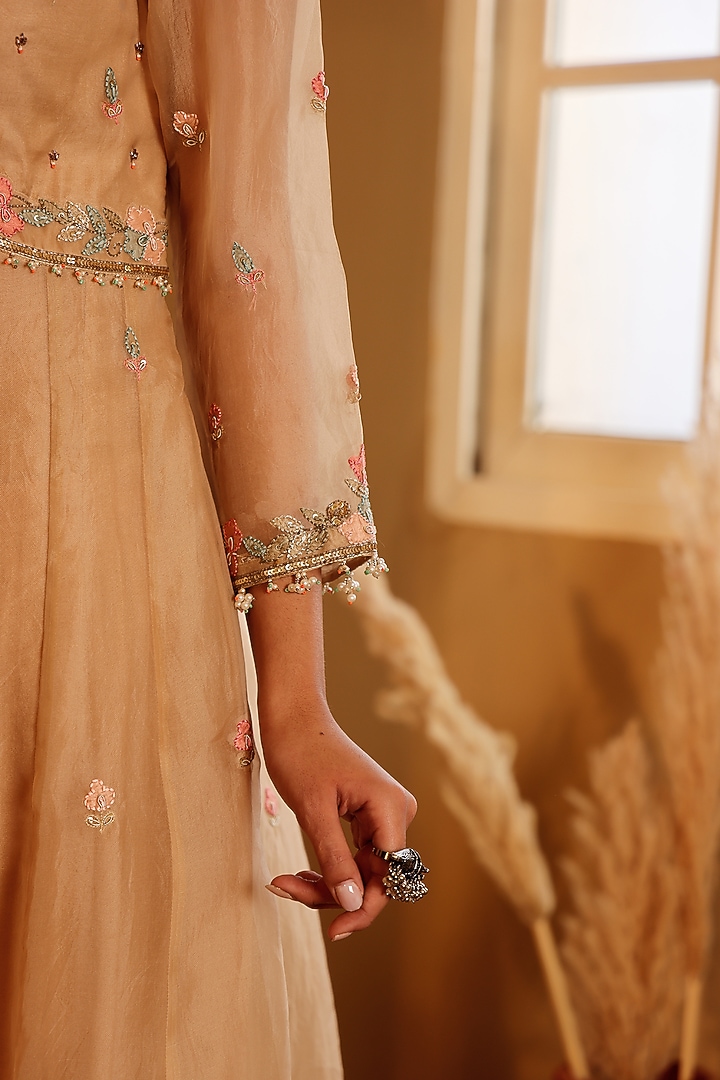 Golden Yellow Organza Pearl Embroidered Wedding Anarkali Set by Sonali Methi at Pernia's Pop Up Shop