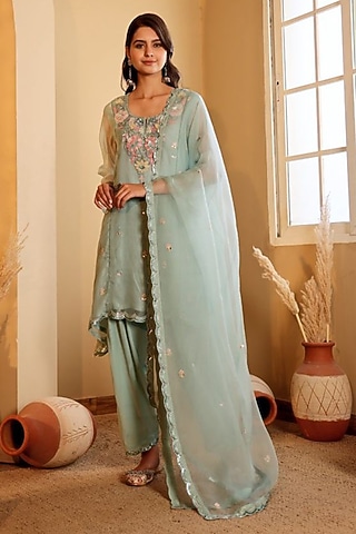 Blue Organza Hand Embroidered Kurta Set by Sonali Methi