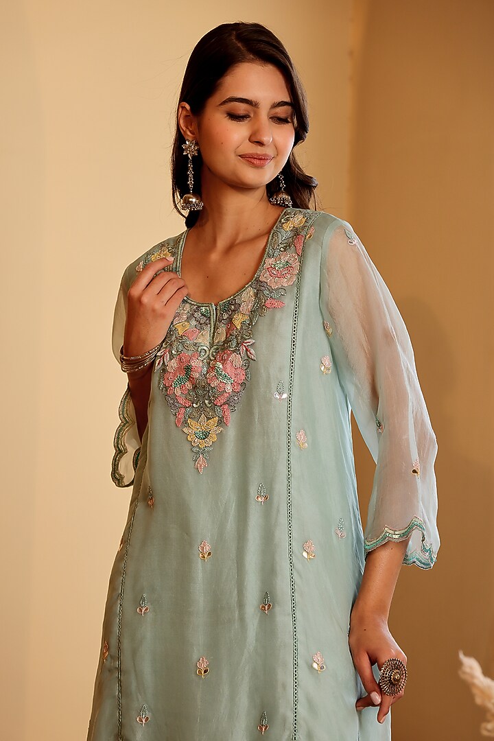 Blue Organza Hand Embroidered Kurta Set by Sonali Methi at Pernia's Pop Up Shop