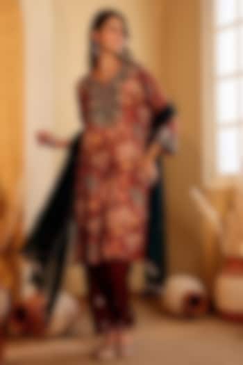 Cherry Red Satin Ajrakh Printed Kurta Set by Sonali Methi at Pernia's Pop Up Shop