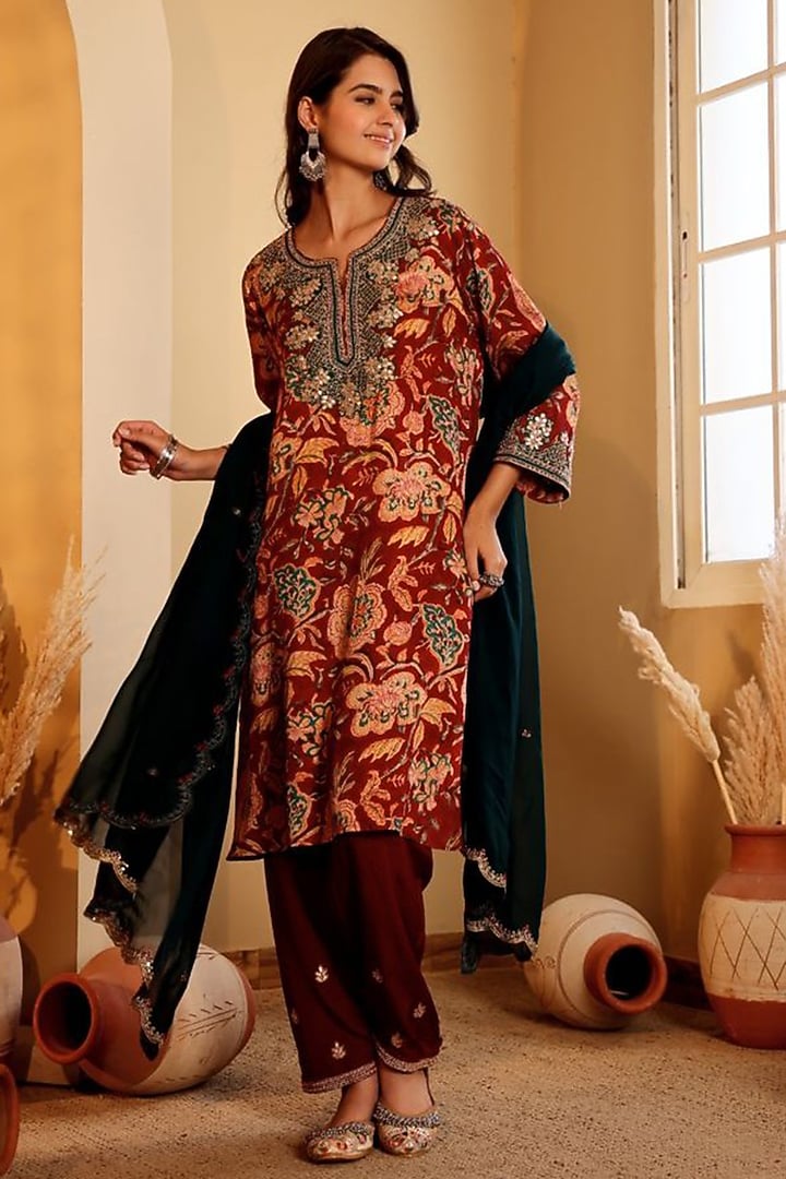 Cherry Red Satin Ajrakh Printed Kurta Set by Sonali Methi at Pernia's Pop Up Shop