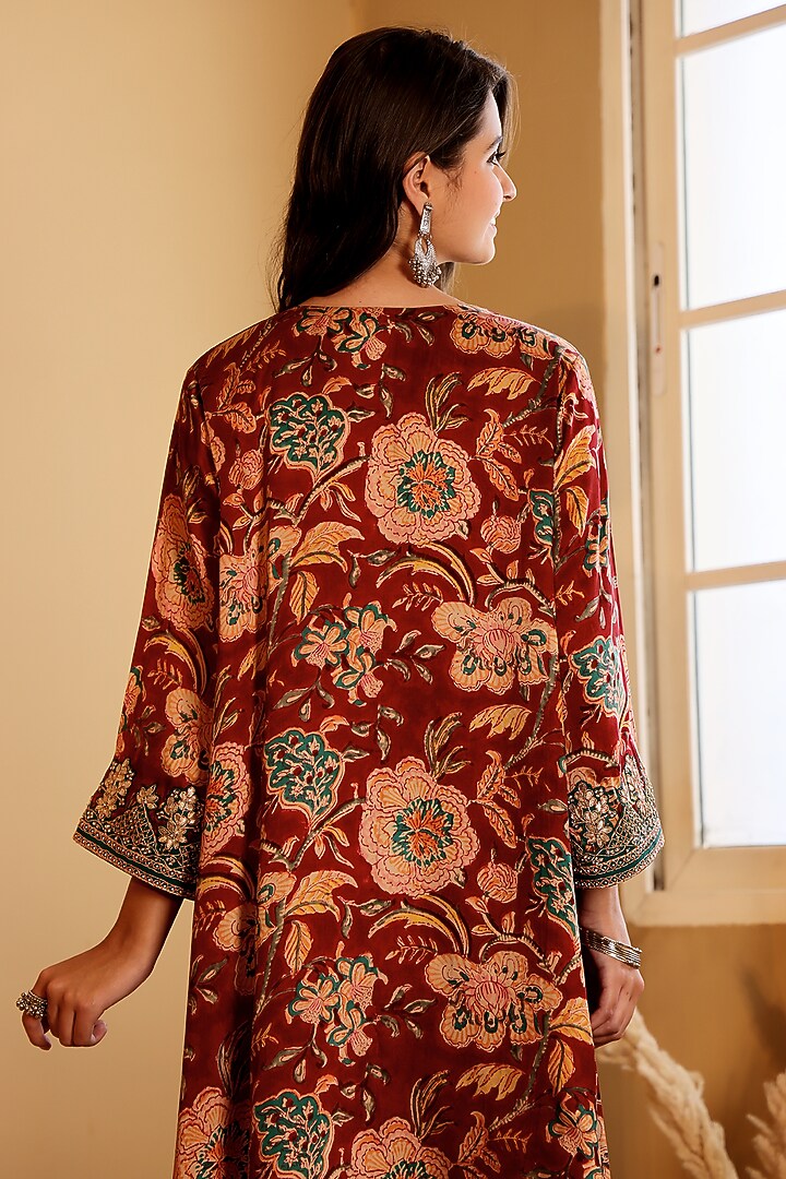 Cherry Red Satin Ajrakh Printed Kurta Set by Sonali Methi at Pernia's Pop Up Shop