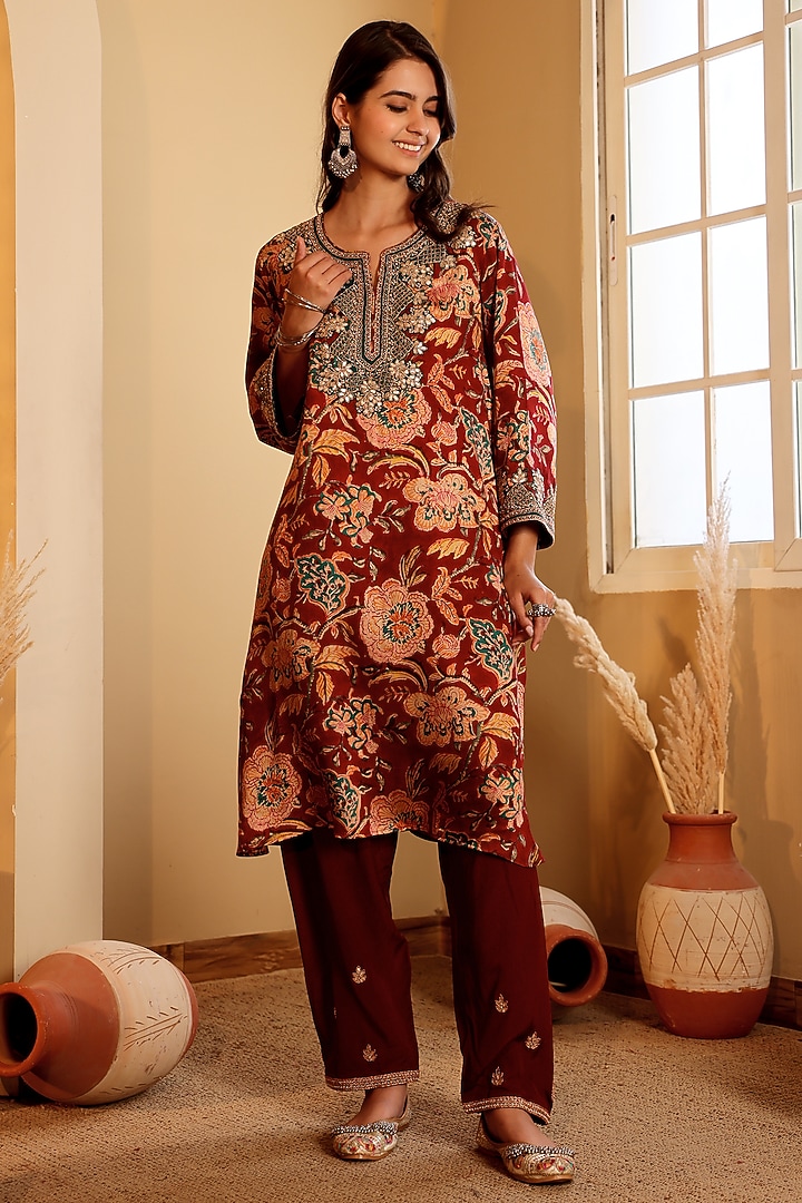 Cherry Red Satin Ajrakh Printed Kurta Set by Sonali Methi at Pernia's Pop Up Shop
