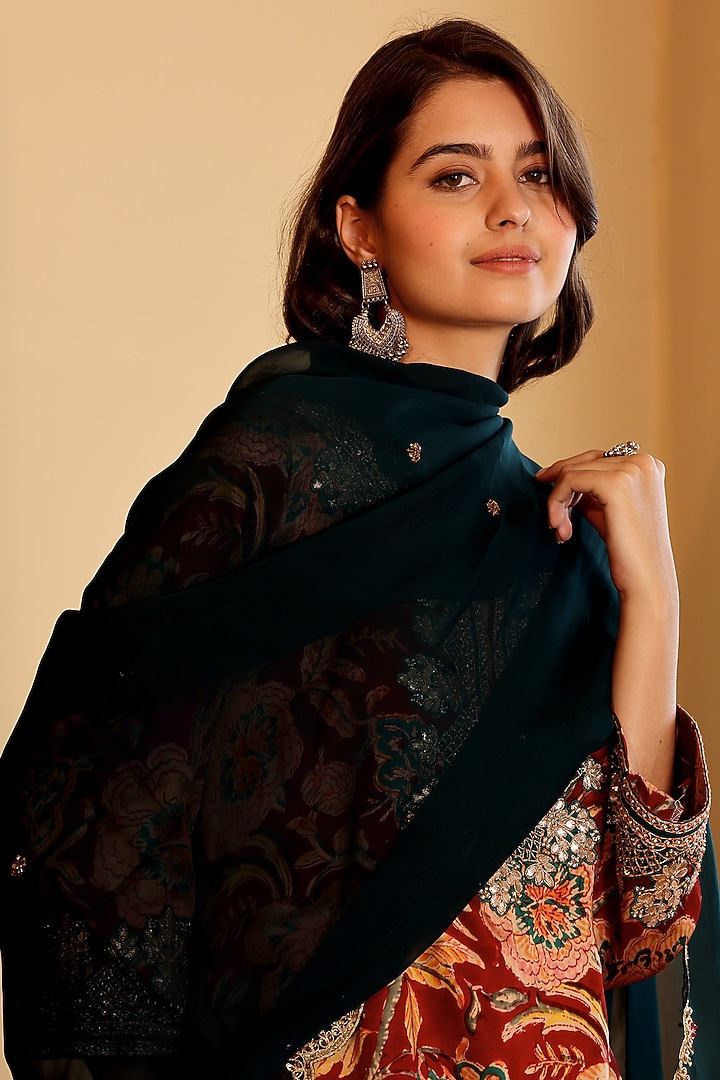 Cherry Red Satin Ajrakh Printed Kurta Set by Sonali Methi at Pernia's Pop Up Shop
