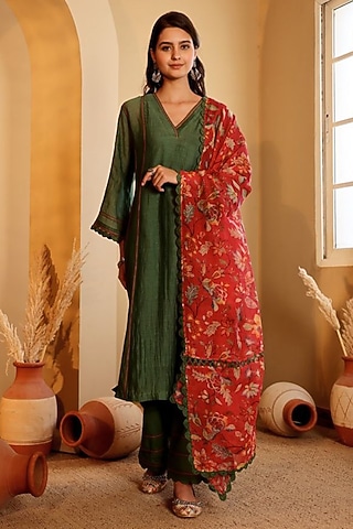 Green Mul Chanderi Kurta Set by Sonali Methi