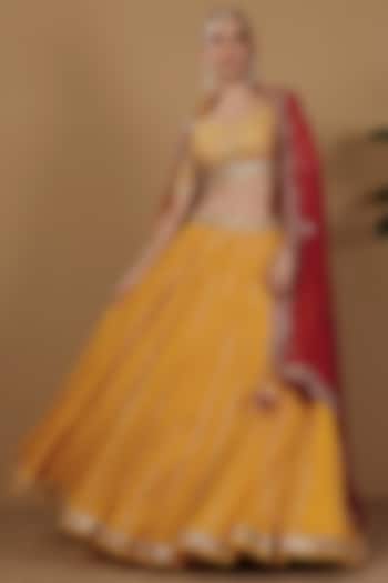 Yellow Crushed Silk Gota Hand Embroidered Wedding Lehenga Set by Sonali Methi at Pernia's Pop Up Shop