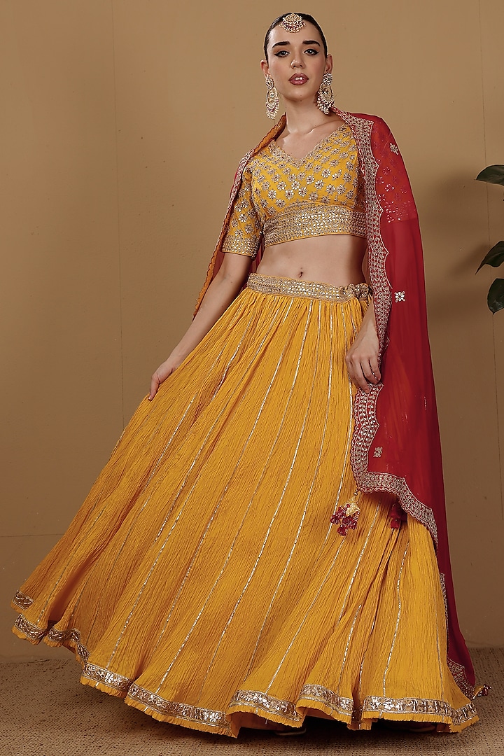Yellow Crushed Silk Gota Hand Embroidered Wedding Lehenga Set by Sonali Methi at Pernia's Pop Up Shop