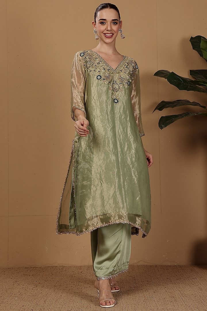 Sage Green Tissue Hand Embroidered Kurta Set by Sonali Methi at Pernia's Pop Up Shop