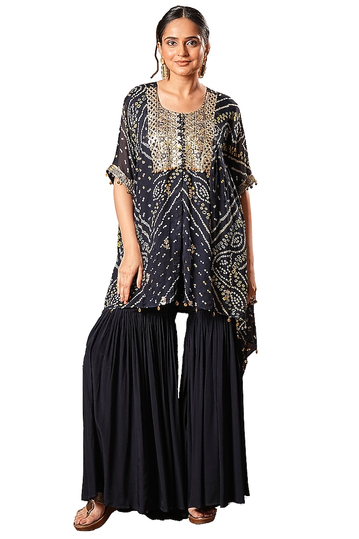 Blue Chinon Mirror Embroidered Bandhani Short Kurta Set by Sonali Methi at Pernia's Pop Up Shop