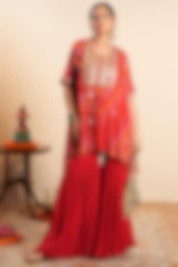 Red Chinon Mirror Embroidered Bandhani Short Kurta Set by Sonali Methi at Pernia's Pop Up Shop