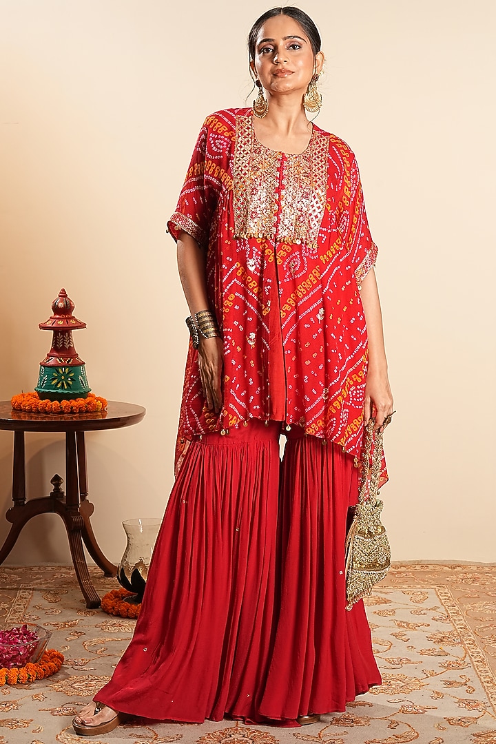 Red Chinon Mirror Embroidered Bandhani Short Kurta Set by Sonali Methi at Pernia's Pop Up Shop