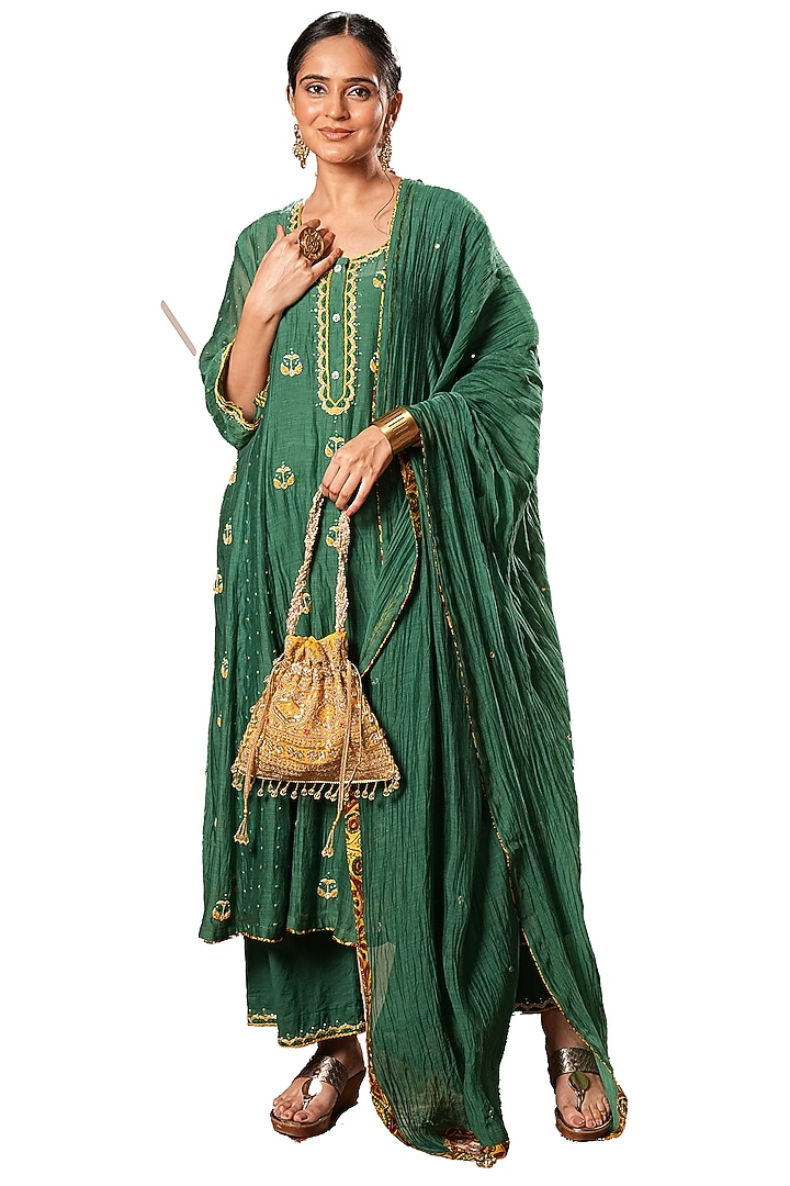 Bottle Green Mul Chanderi Hand & Machine Embroidered Kurta Set by Sonali Methi at Pernia's Pop Up Shop