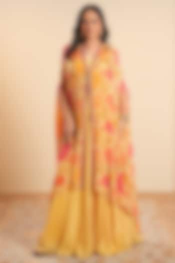 Yellow Chinon Floral Printed Cape Set by Sonali Methi at Pernia's Pop Up Shop
