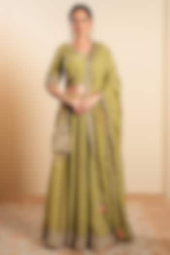 Olive Green Organza Aari Embroidered Wedding Lehenga Set by Sonali Methi at Pernia's Pop Up Shop