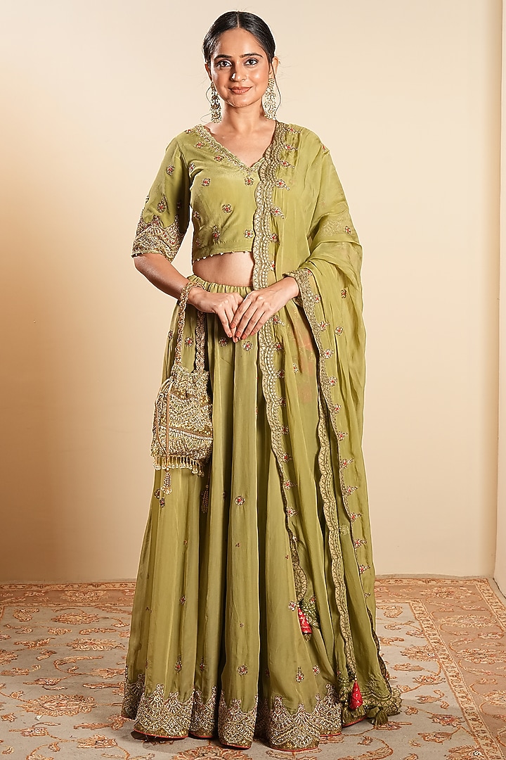Olive Green Organza Aari Embroidered Wedding Lehenga Set by Sonali Methi at Pernia's Pop Up Shop