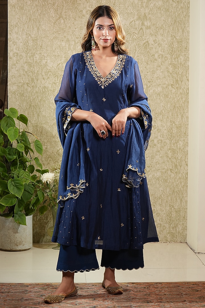 Navy Blue Mul Chanderi Zardosi Hand Embroidered Party Wear Anarkali Set by Sonali Methi at Pernia's Pop Up Shop