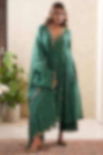 Bottle Green Mul Chanderi Zardosi Hand Embroidered Party Wear Anarkali Set by Sonali Methi at Pernia's Pop Up Shop