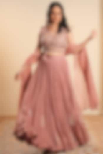 Onion Pink Organza Hand & Machine Embroidered Wedding Lehenga Set by Sonali Methi at Pernia's Pop Up Shop
