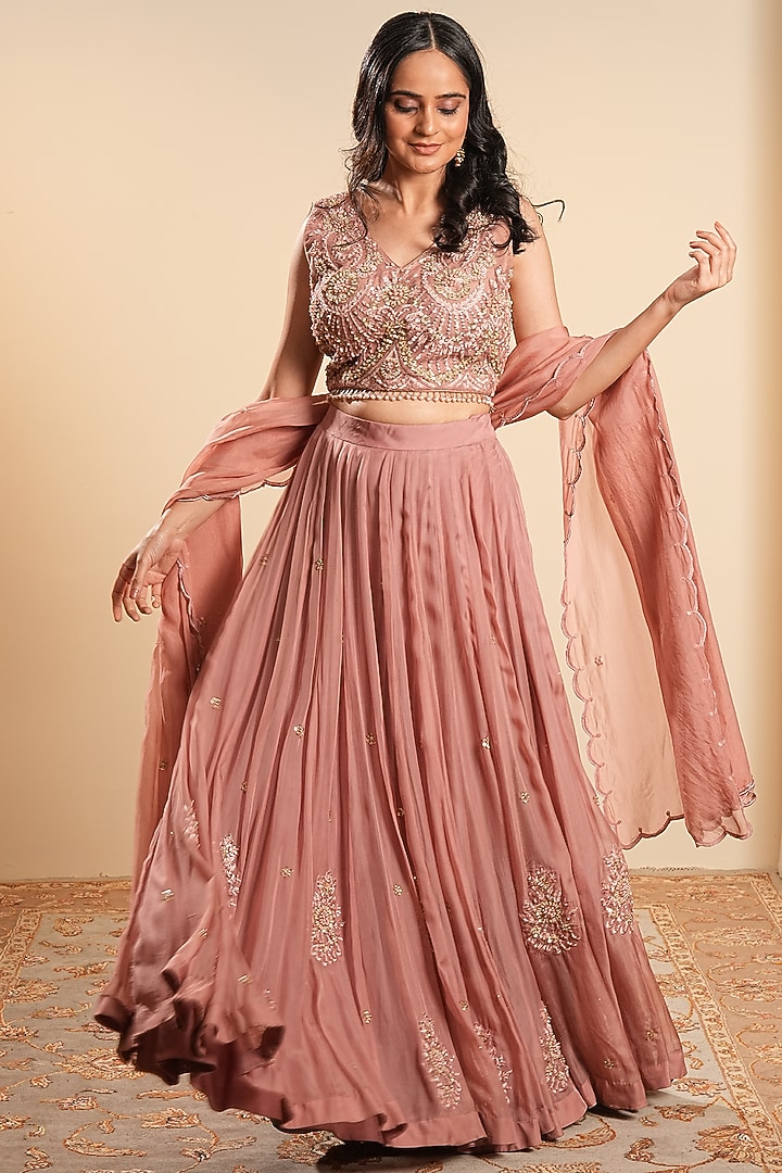 Onion Pink Organza Hand & Machine Embroidered Wedding Lehenga Set by Sonali Methi at Pernia's Pop Up Shop