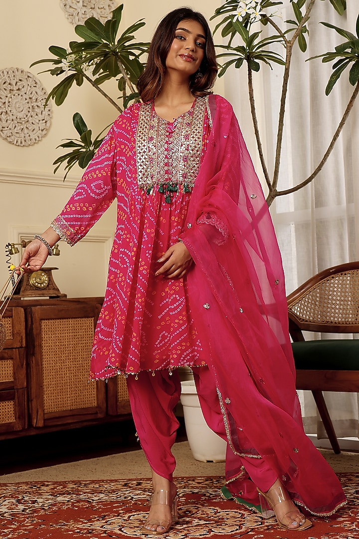 Rani Pink Chinon Hand Embroidered Bandhani Kurta Set by Sonali Methi at Pernia's Pop Up Shop