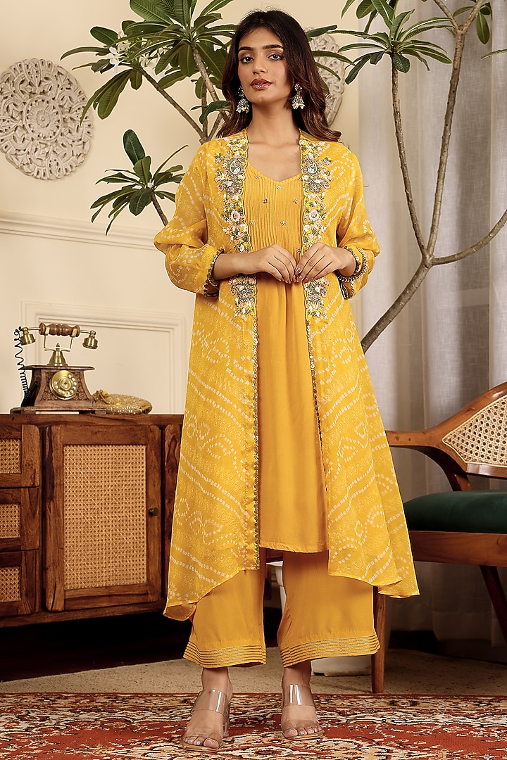 Yellow Pure Chinon Hand Embroidered Bandhani Kurta Set by Sonali Methi at Pernia's Pop Up Shop
