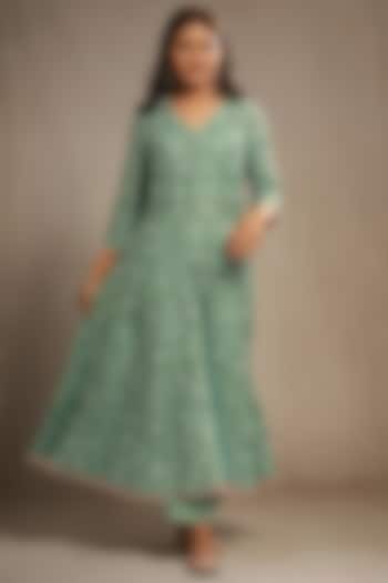 Sage Green Chanderi Patch Work Kalidar Kurta Set by Sonali Methi at Pernia's Pop Up Shop