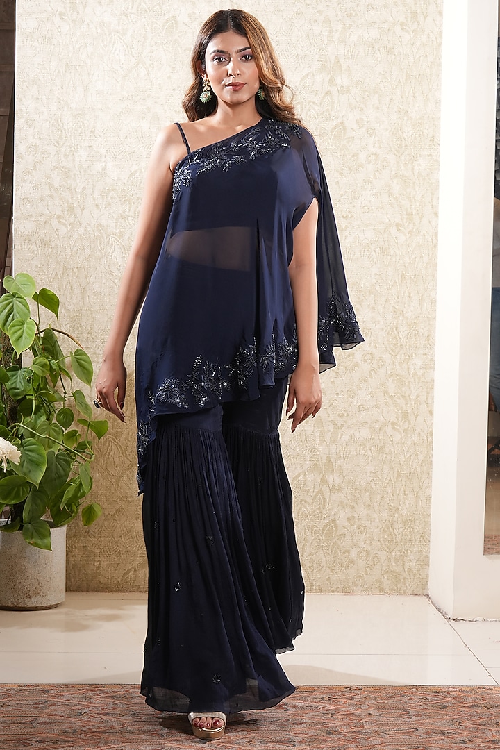 Blue Pure Crepe Wedding Sharara Set by Sonali Methi at Pernia's Pop Up Shop