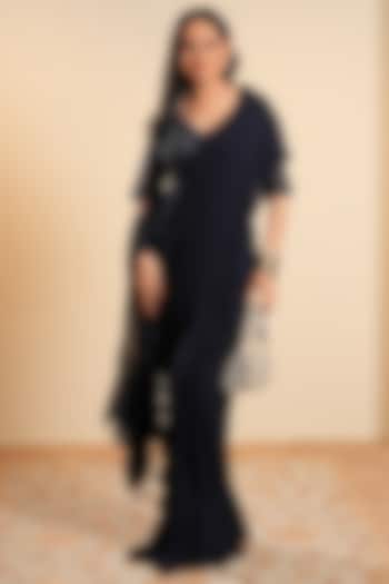 Navy Blue Crepe Wedding Saree Set by Sonali Methi at Pernia's Pop Up Shop