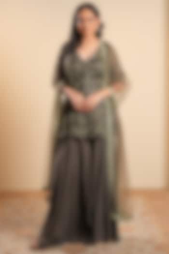 Olive Green Organza Wedding Sharara Set by Sonali Methi at Pernia's Pop Up Shop