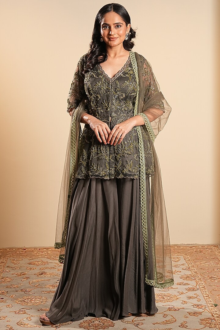 Olive Green Organza Wedding Sharara Set by Sonali Methi at Pernia's Pop Up Shop