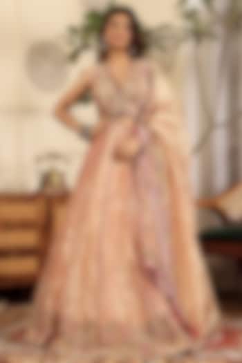 Pink Pure Tissue Hand & Machine Embroidered Wedding Lehenga Set by Sonali Methi at Pernia's Pop Up Shop