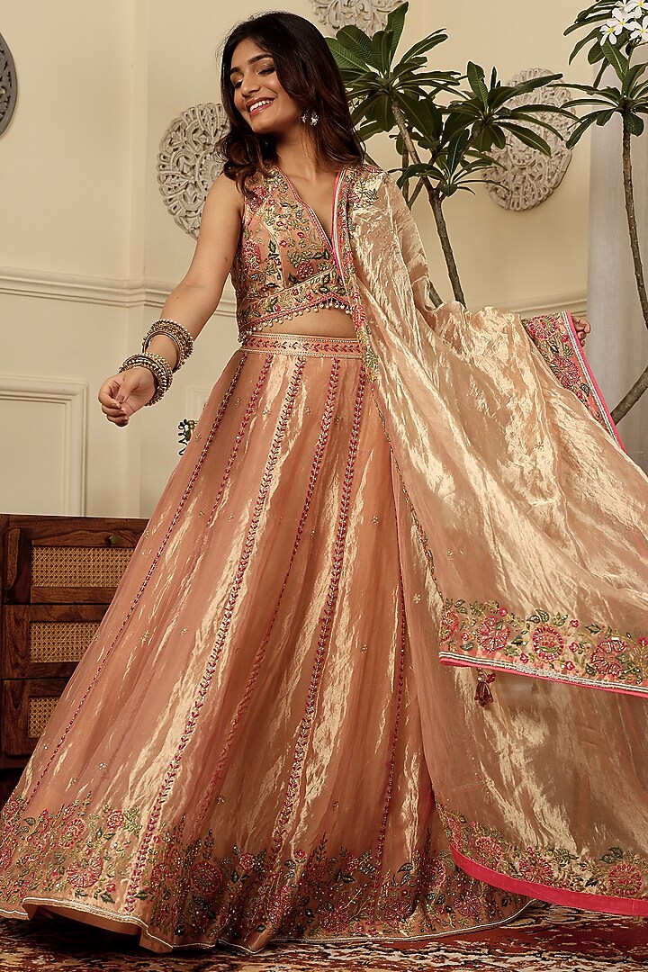 Pink Pure Tissue Hand & Machine Embroidered Wedding Lehenga Set by Sonali Methi at Pernia's Pop Up Shop
