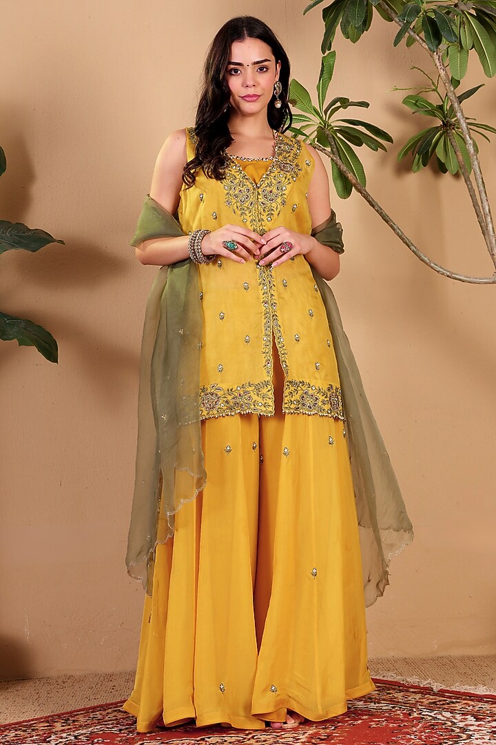 Golden Yellow Pure Organza Wedding Sharara Set by Sonali Methi at Pernia's Pop Up Shop