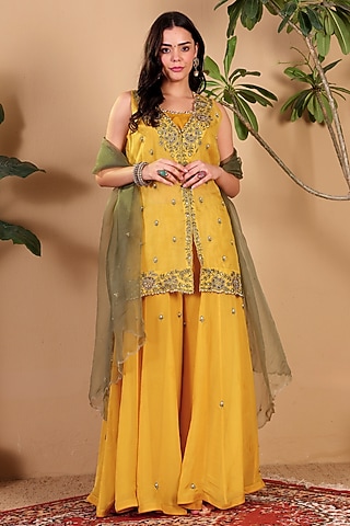 Golden Yellow Pure Organza Sharara Set by Sonali Methi