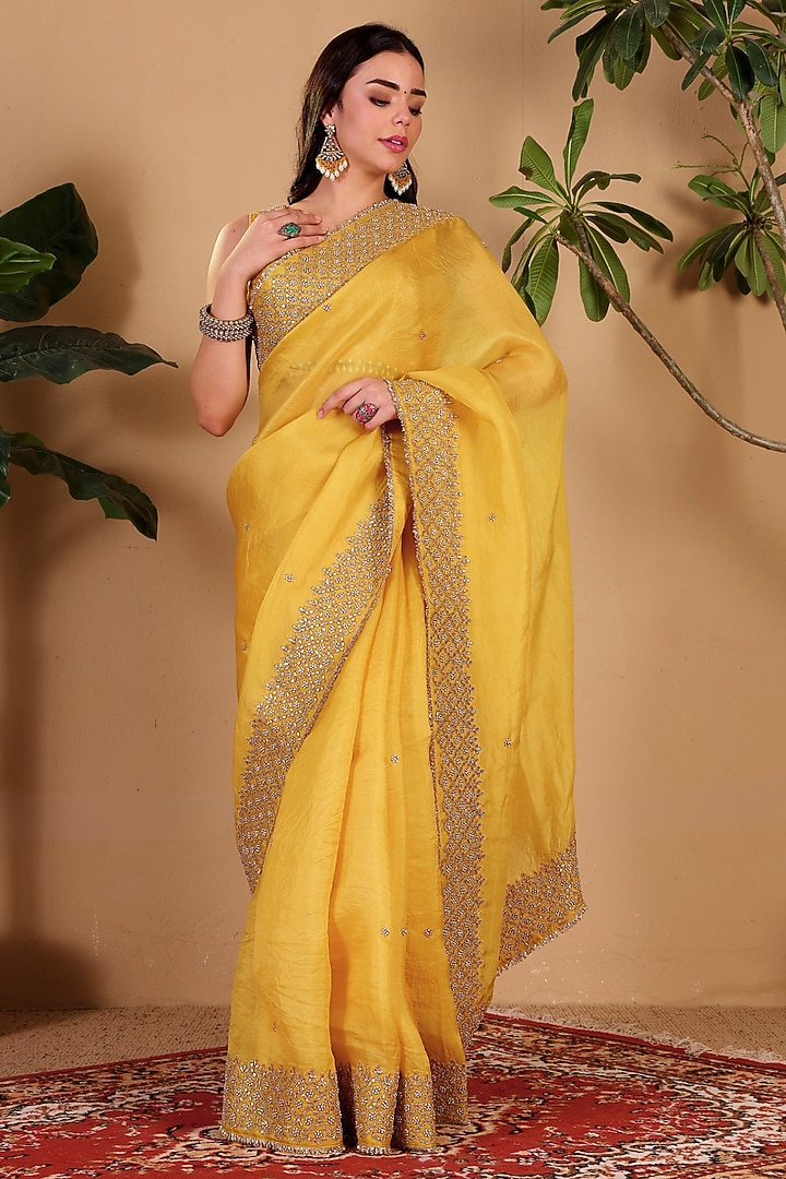 Yellow Organza Gota Hand Embroidered Banarasi Wedding Saree Set by Sonali Methi at Pernia's Pop Up Shop
